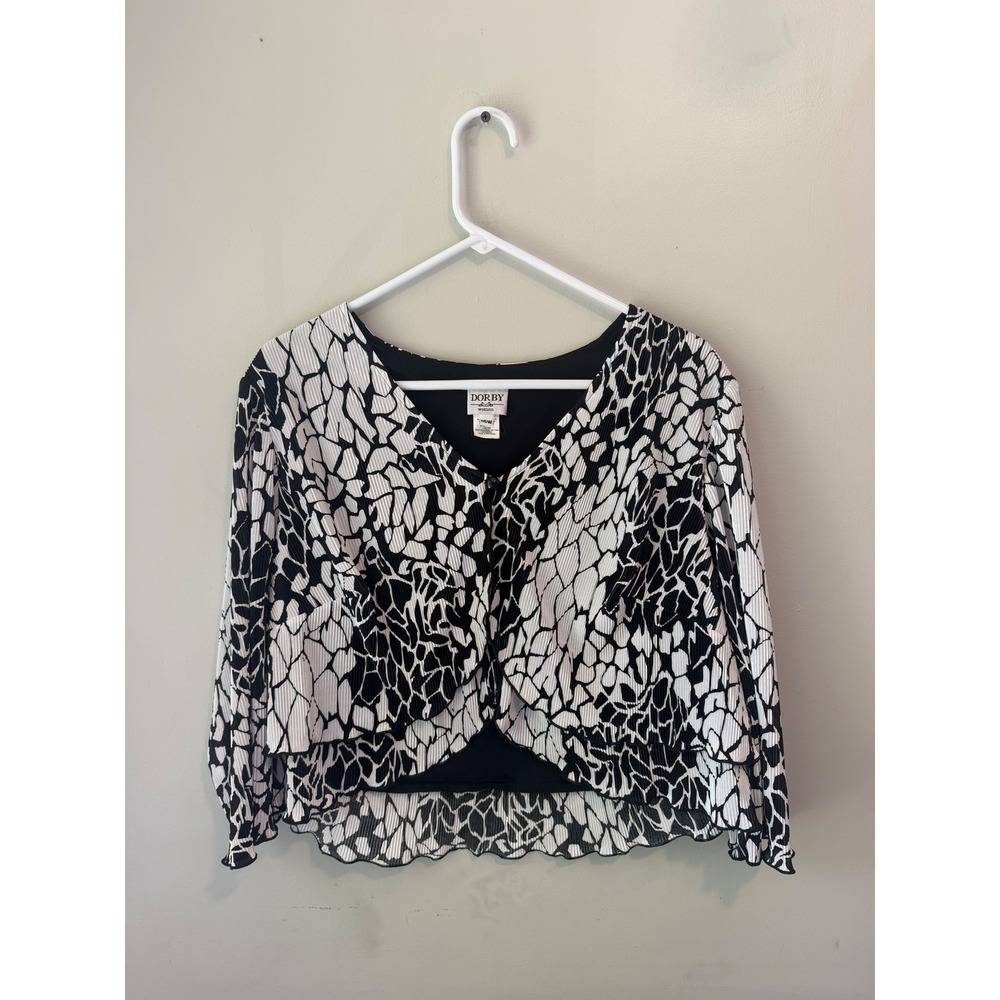 Dorby Woman Black White Plisse Pleated Abstract Print V-Neck Blouse Top 16W‎